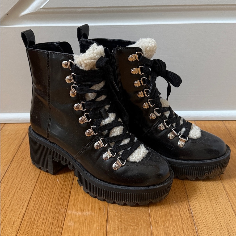 Aqua Black Combat Boots with Cream Accents